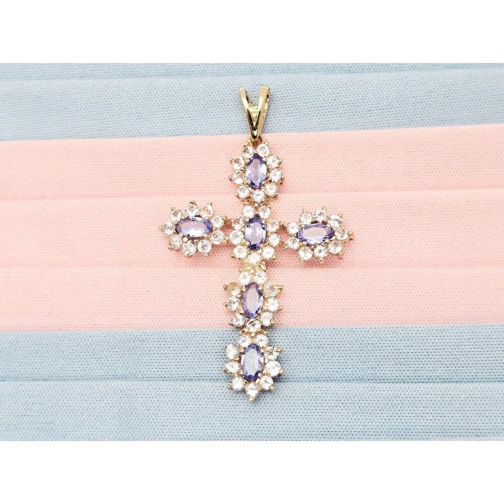 Unique 10K Karat Solid Yellow Gold Religious Tanzanite & CZ Cross Pendant Charm